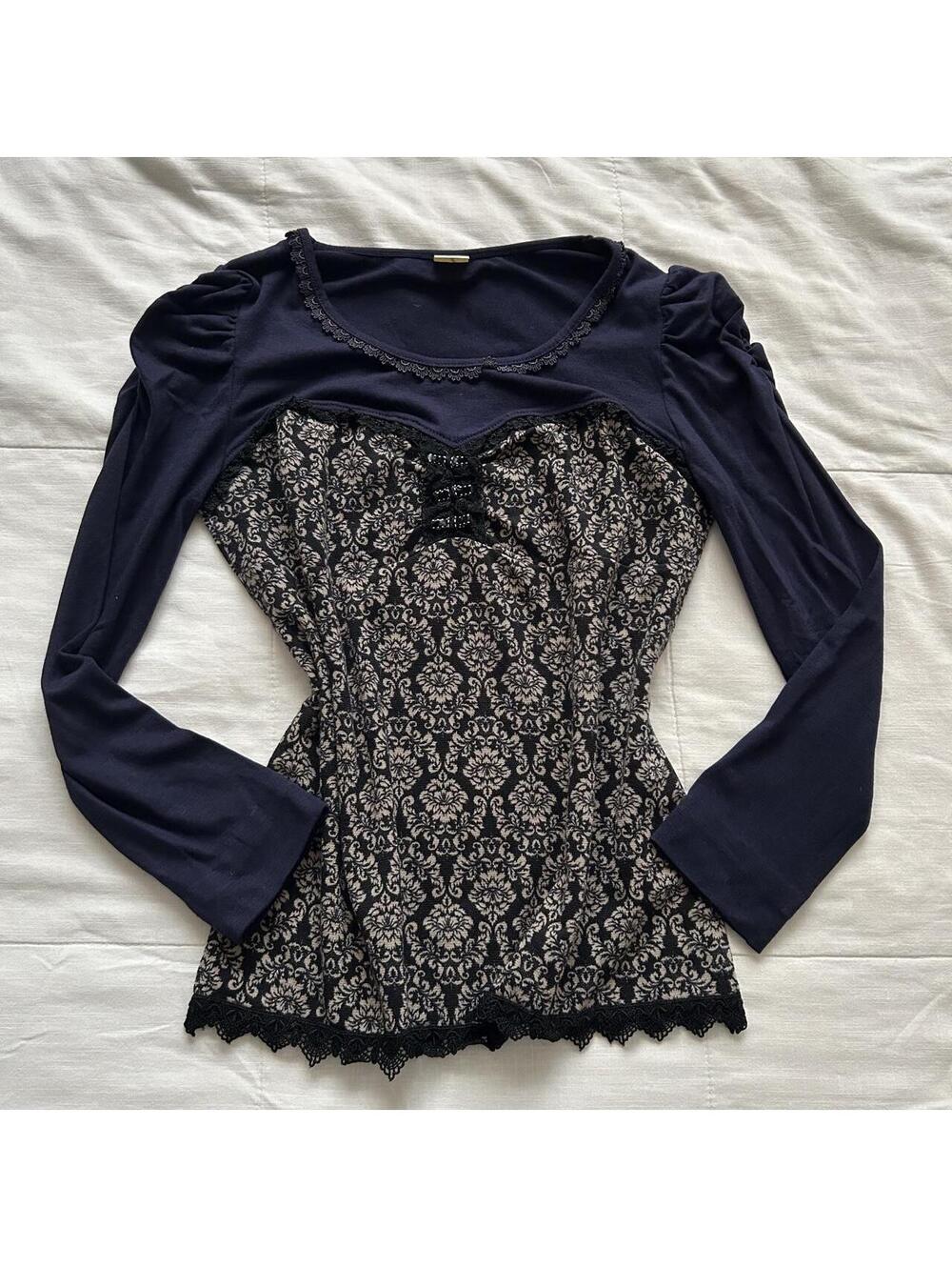 Axes Femme Corset Damask Lace Top Navy Black Medium Japan
